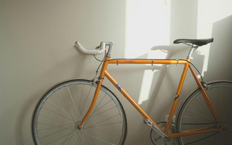 a bicycle parked in a room
