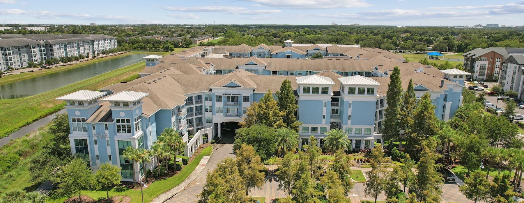 an aerial view of an apartment building